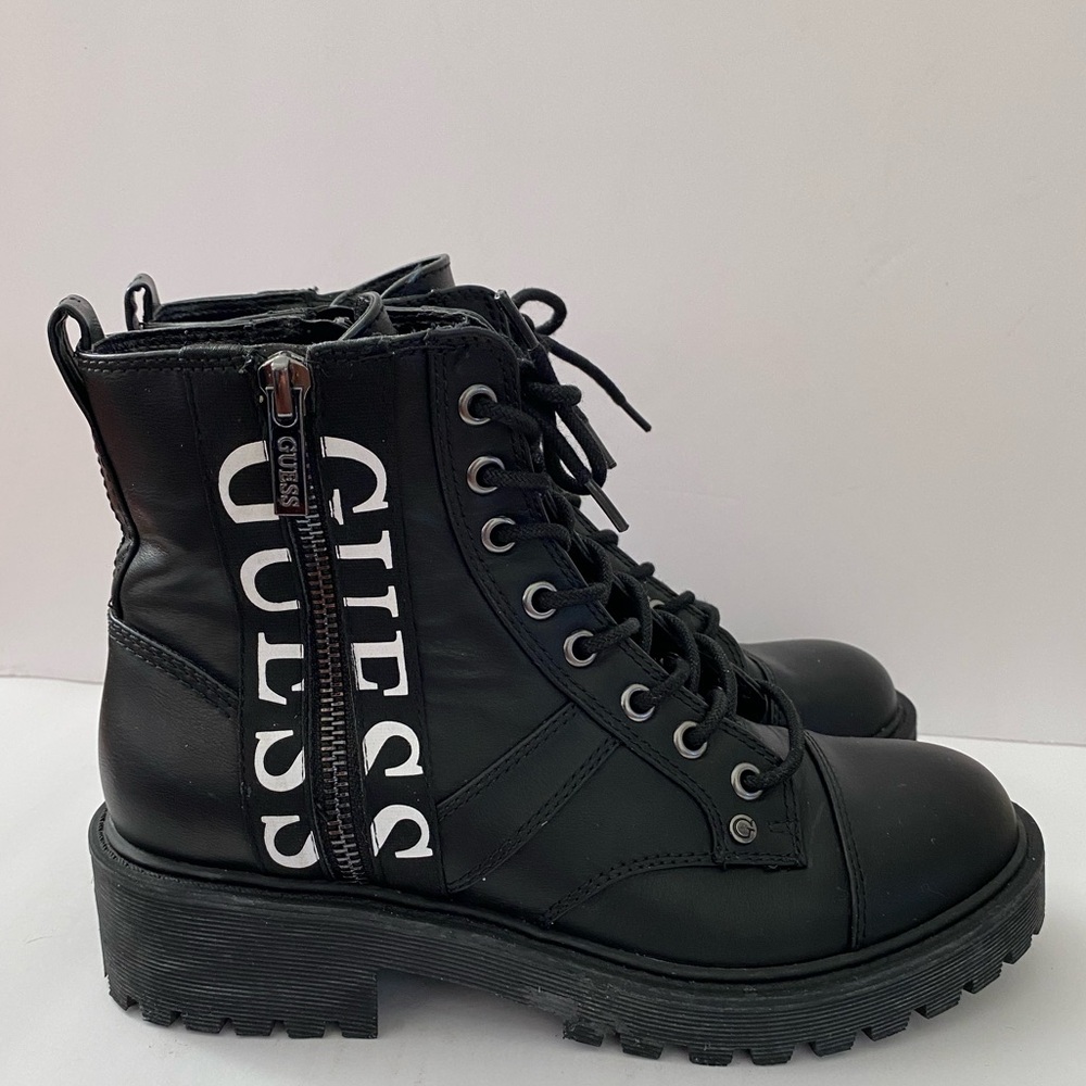 GUESS Black Lace-Up Platform Combat Boots with Side Logo US 7